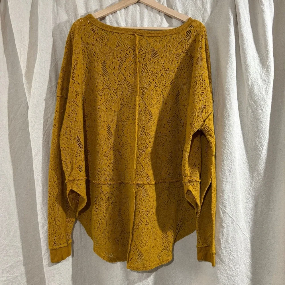 Free People Mustard Yellow Lace Knit Crochet Sweater Boho Slouchy Pullover Top